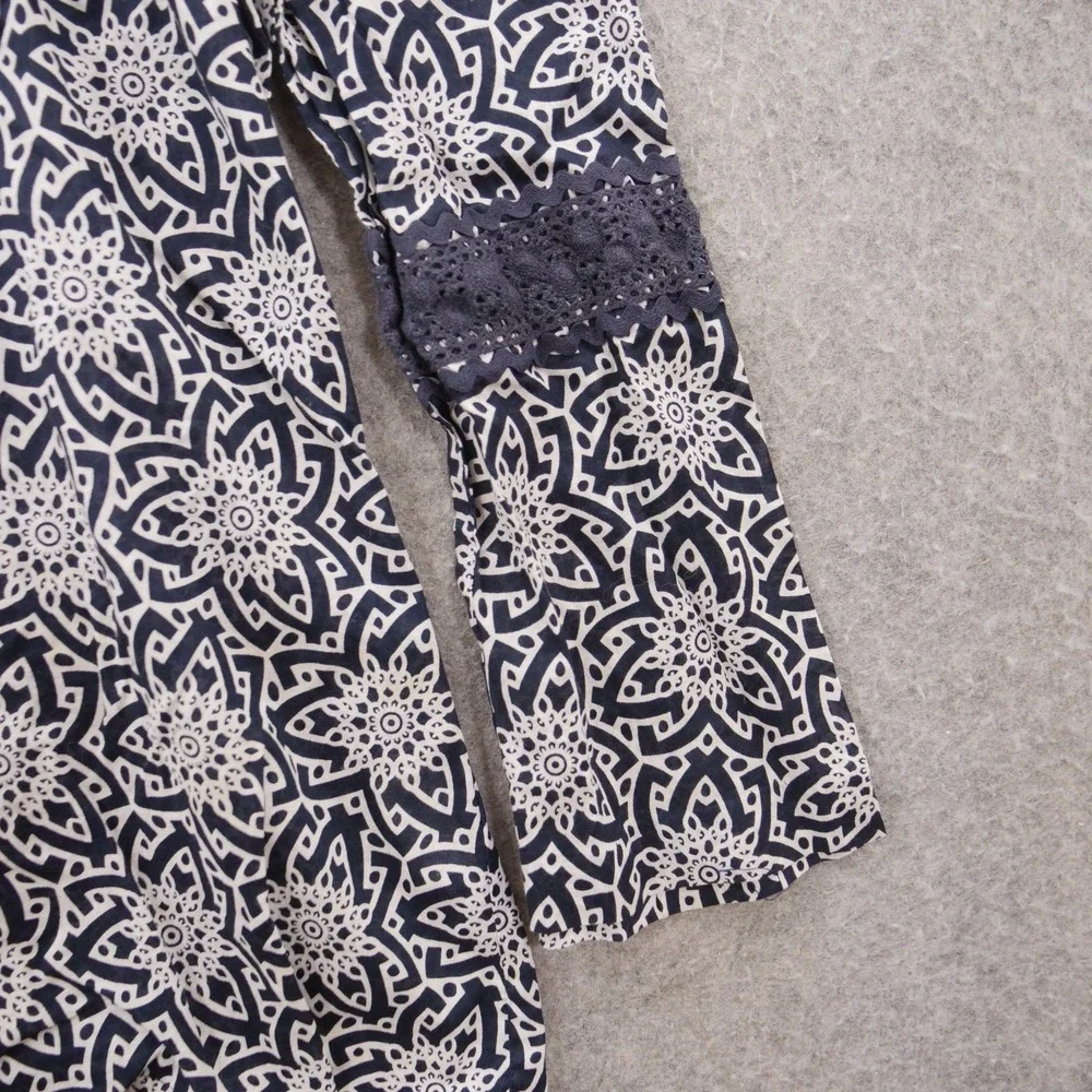 Tory Burch Top Womens 4 Blue Peasant Front Tie Floral Scoop Neck